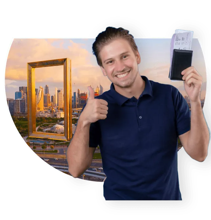 Men Holding Golden Visa of UAE and Dubai Frame